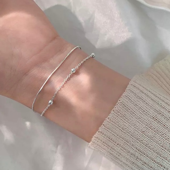 "925 Sterling Silver Double Layer Beaded Chain Bracelet with Extension" - Picture 5 of 7